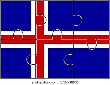 Iceland Flag Jigsaw Puzzle. Vector illustration. 6 pieces of puzzles. Simple puzzles for kids.