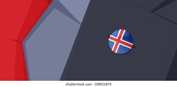 Iceland flag lapel pin on man's suit jacket lapel.