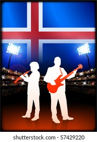 Iceland Flag with Live Music Band on Stadium Background Original Illustration