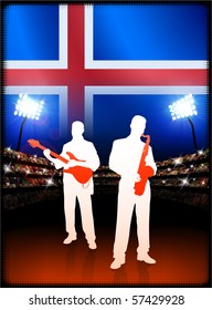 Iceland Flag with Live Music Band on Stadium Background Original Illustration