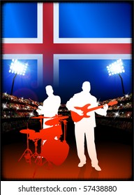 Iceland Flag with Live Music Band on Stadium Background Original Illustration