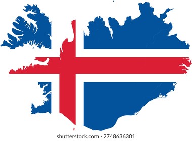 Iceland Flag Map Professional Vector for Arctic Nature and Geothermal Energy Tourism 2026. High quality geographic silhouette of Iceland featuring the national blue white and red cross flag design. Perfect for northern lights travel guides sustainable energy reports and volcanic landscape infographics. This minimalist 2D graphic captures the precise coastline of the land of fire and ice. Ideal for luxury travel marketing eco tourism brochures and Reykjavik business presentations. Meticulously crafted for professional digital layouts and high resolution print media