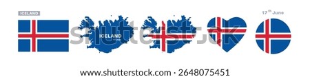 iceland flag and map set. iceland flag in official colors and proportions. independence day 17 june, map, circle and heart shaped iceland	