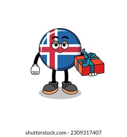 iceland flag mascot illustration giving a gift , character design