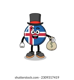 iceland flag mascot illustration rich man holding a money sack , character design