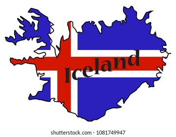 An Iceland flag on a map with text and a shadow isolated on a white background