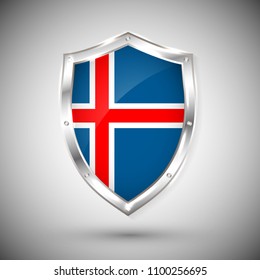 Iceland flag on metal shiny shield vector illustration. Collection of flags on shield against white background. Abstract isolated object.