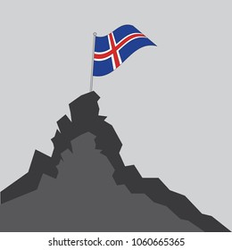 Iceland flag on the mountain peak. Business concept, goal achievement, success, winning. Flat style,flag of Iceland, vector illustration.EPS10.