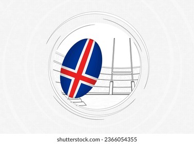 Iceland flag on rugby ball, lined circle rugby icon with ball in a crowded stadium. Vector sport emblem on abstract background.