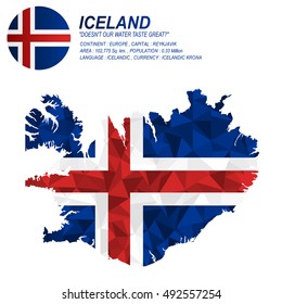 Iceland flag overlay on Iceland map with polygonal style.(EPS10 art vector)
