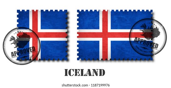 Iceland flag pattern postage stamp with grunge old scratch texture and affix a seal on isolated background . Black color country name with abrasion . Square and rectangle shape . Vector .