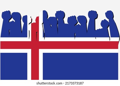 Island-Flagge mit erhöhter Protesthand, Vektorgrafik, Logo des Landes, Island-Protestkonzept, flaches Design gegen Idee