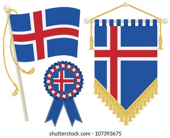 iceland flag, rosette and pennant, isolated on white