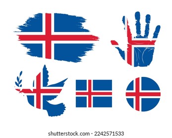 Iceland flag set, flag of Iceland collection. Flag in grunge, Dove, Handprint, square and round shape. vector illustration