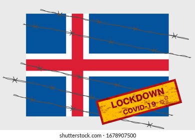 Bandera islandesa con seguridad de advertencia de bloqueo de carteles debido a la crisis del coronavirus covid-19 diseño de la enfermedad con el vector de aislamiento con cable de la corteza