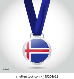 Iceland Flag in Silver Medal. Vector Illustration. RIO Olympic Game silver Medal. Vector Illustration