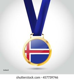 Iceland Flag in Silver Medal. Vector Illustration. RIO Olympic Game gold Medal. Vector Illustration