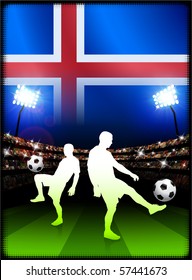 Iceland Flag with Soccer Player on Stadium Background Original Illustration