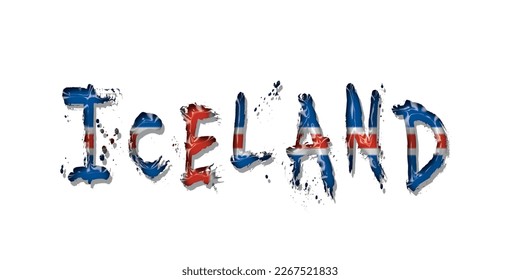 Iceland flag text font, symbol background, flag ribbon typography lettering logo label banner, 3D colorful background, vector illustration