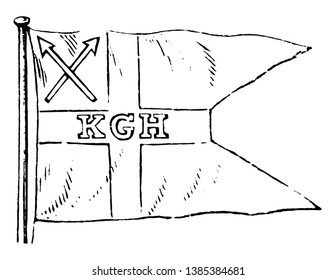 Bandera de Islandia, esta bandera tiene una cruz y dos flechas cruzadas en la esquina superior izquierda de la bandera, letras K G H escritas en el centro de la cruz , dibujo vintage de línea o ilustración de grabado 
