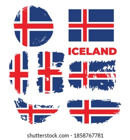 Icono del vector de la bandera islandesa en la textura de pinceles sobre fondo blanco con el nombre del país. Ilustración del vector