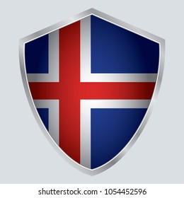Iceland Flag Vector Shield Icon. Europe. vector illustration. vector shadow. gray background. 3d. eps10.