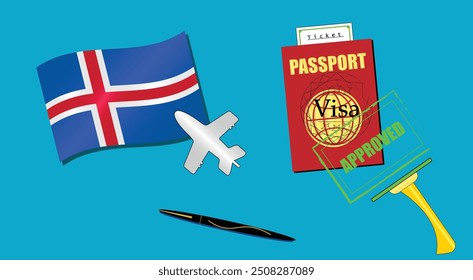 Iceland flag with white plane icon. Passport with visa approved stamp. Black stylish Pen. Islandia Travel poster. Editable vector EPS available