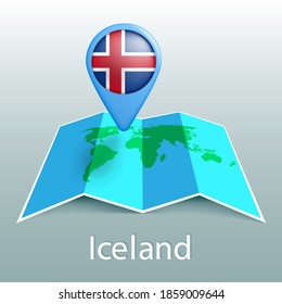 Iceland flag world map in pin with name of country