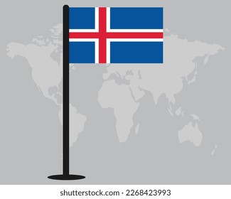 Iceland flag with world map silhouette in background vector design.
