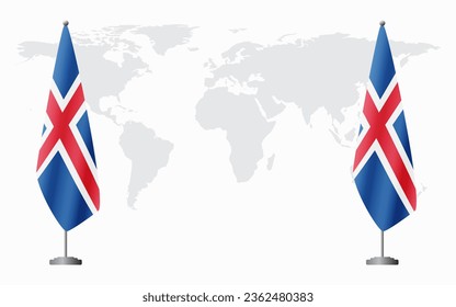 Iceland and Iceland flags for official meeting against background of world map.