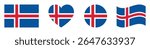 Iceland flags set in square, heart, circle and waving formats designs element. Iceland flags collection. Set of Iceland flags icons isolated on white background. Vector illustration.