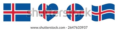 Iceland flags set in square, heart, circle and waving formats designs element. Iceland flags collection. Set of Iceland flags icons isolated on white background. Vector illustration.