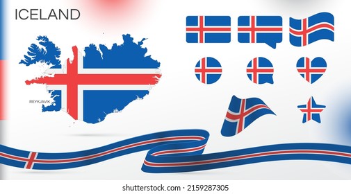 Iceland flags set. Various designs. Map and capital city. World flags. Vector set. Circle icon. Template for independence day. Collection of national symbols. Ribbon with colors of the flag. Reykjavik