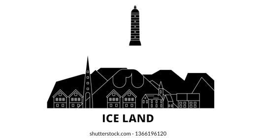 Iceland flat travel skyline set. Iceland black city vector illustration, symbol, travel sights, landmarks.