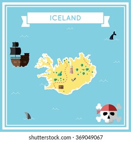 Iceland flat treasure map. Colorful cartoon treasure map of Iceland with flat icons of pirate ship, jolly roger, treasure chest and banner ribbon. Flat design vector illustration.