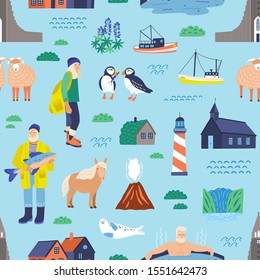 Iceland flat vector seamless pattern. Islandic people, animals and landmarks decorative background. Traditional scandinavian nature and architecture illustrations. Cartoon wallpaper design.