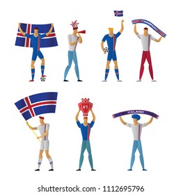 Iceland football fans. Cheerful soccer supporters crowd. vector illustration.