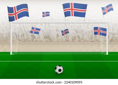 Iceland football team fans with flags of Iceland cheering on stadium, penalty kick concept in a soccer match. Sports vector illustration.