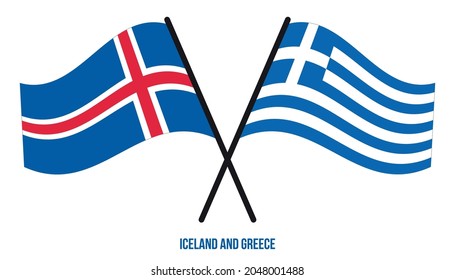 Iceland and Greece Flags Crossed And Waving Flat Style. Official Proportion. Correct Colors.