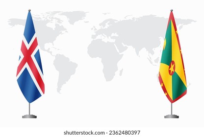 Iceland and Grenada flags for official meeting against background of world map.