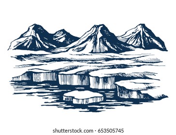 Iceland group mountains the island  Glacier in the foreground   the cliffs the horizon  sketch vector 