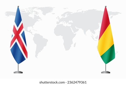 Iceland and Guinea flags for official meeting against background of world map.