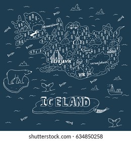 Iceland hand drawn cartoon map. Vector illustration with travel landmarks, animals and natural phenomena