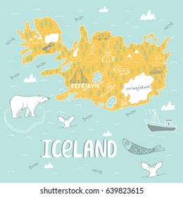 Iceland hand drawn cartoon map. Vector illustration with travel landmarks, animals and natural phenomena