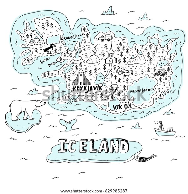 Iceland hand drawn cartoon\
map. Vector illustration with travel landmarks, animals and natural\
phenomena.
