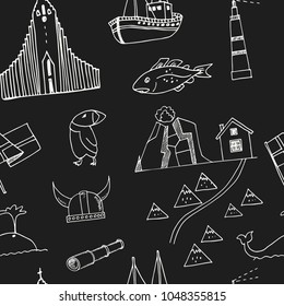 Iceland hand drawn doodle seamless pattern. Sketches. Vector illustration for design and packages product. Symbol collection.
