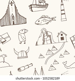 Iceland hand drawn doodle seamless pattern. Sketches. Vector illustration for design and packages product. Symbol collection.