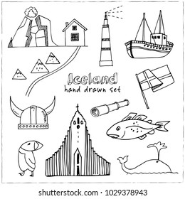 Iceland hand drawn doodle set. Sketches. Vector illustration for design and packages product. Symbol collection.