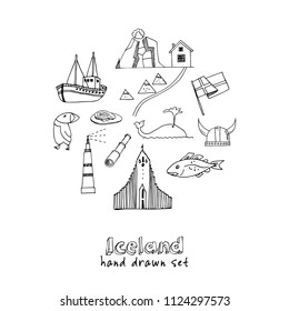 Iceland hand drawn doodle set. Sketches. Vector illustration for design and packages product. Symbol collection.