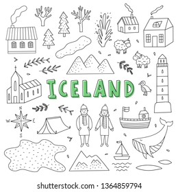 Iceland hand drawn icons and symbols on white background. Hand drawn outline vector travel elements about Iceland